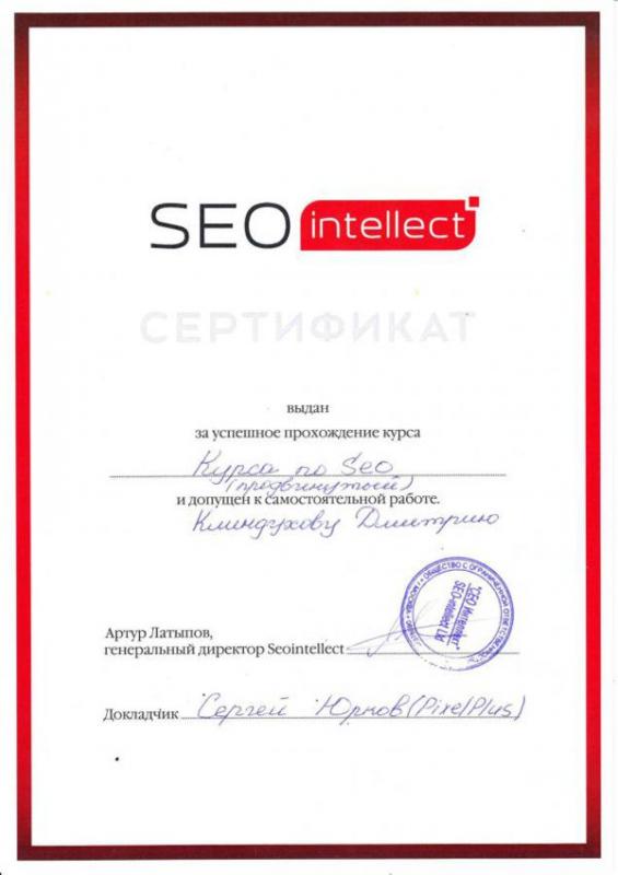 Сертификат SEO Intellect "Продвинутый курс по SEO", Дмитрий