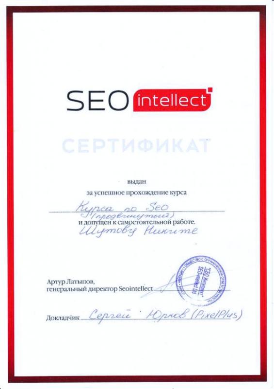 Сертификат SEO Intellect "Продвинутый курс по SEO", Никита